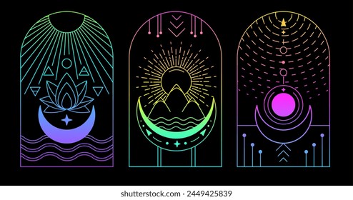 Set of Modern magic fluorescent witchcraft cards with Four elements and lotus. Line art occult vector illustration