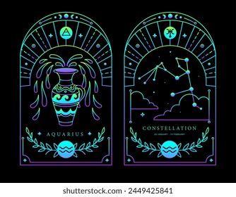 Set of Modern magic fluorescent witchcraft cards with astrology Aquarius zodiac sign characteristic. Vector illustration