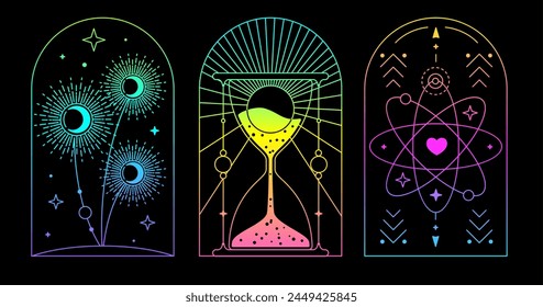 Set of Modern magic fluorescent witchcraft cards with hourglass, sun, moon and dandelions. Line art occult vector illustration