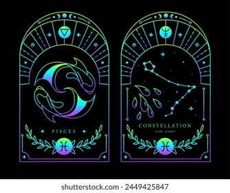 Set von modernen magischen fluoreszierenden Hexenkarten mit Astrologie Fische Tierkreiszeichen Charakteristik. Vektorillustration