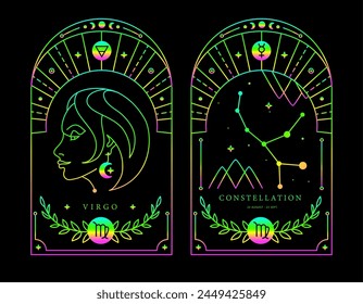 Set of Modern magic fluorescent witchcraft cards with astrology Virgo zodiac sign characteristic. Vector illustration
