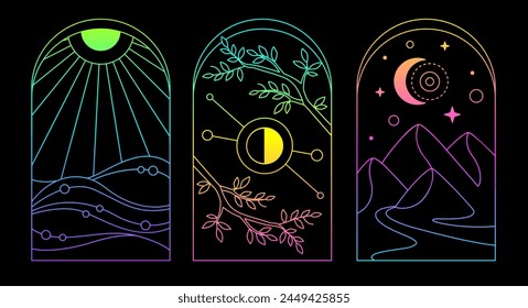 Set of Modern magic fluorescent witchcraft cards with sun, moon, mountains and ocean. Line art occult vector illustration