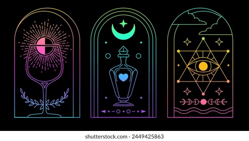 Set of Modern magic fluorescent witchcraft cards with wine glass, all seeing eye and bottle. Line art occult vector illustration
