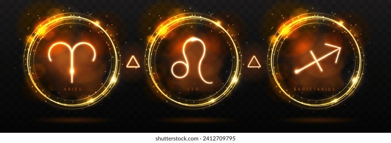 Set of modern magic witchcraft astrology neon fire zodiac signs in glowing spheres. Aries, Leo and Sagittarius neon sign. Vector illustration