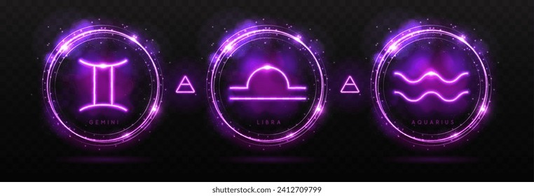 Set of modern magic witchcraft astrology neon air zodiac signs in glowing spheres. Gemini, Libra and Aquarius neon sign. Vector illustration