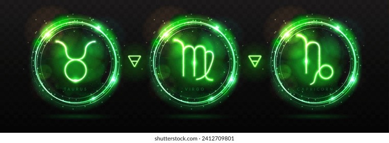 Set of modern magic witchcraft astrology neon earth zodiac signs in glowing spheres. Taurus, Virgo and Capricorn neon sign. Vector illustration