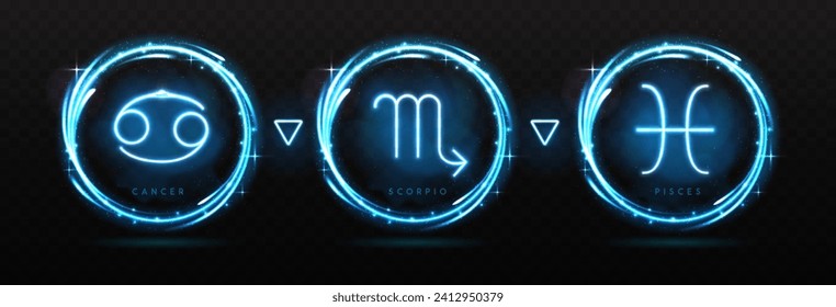 Set of modern magic witchcraft astrology neon water zodiac signs in glowing spheres. Cancer, Scorpio and Pisces neon sign. Vector illustration