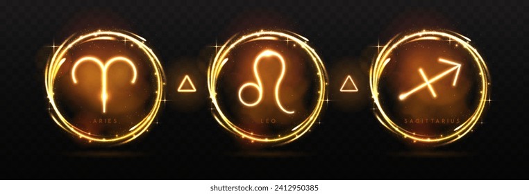 Set of modern magic witchcraft astrology neon fire zodiac signs in glowing spheres. Aries, Leo and Sagittarius neon sign. Vector illustration