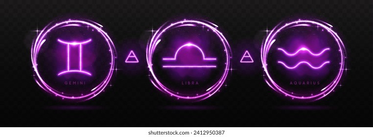 Set of modern magic witchcraft astrology neon air zodiac signs in glowing spheres. Gemini, Libra and Aquarius neon sign. Vector illustration