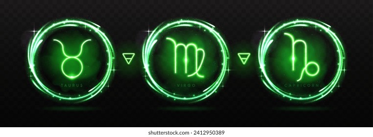 Set of modern magic witchcraft astrology neon earth zodiac signs in glowing spheres. Taurus, Virgo and Capricorn neon sign. Vector illustration