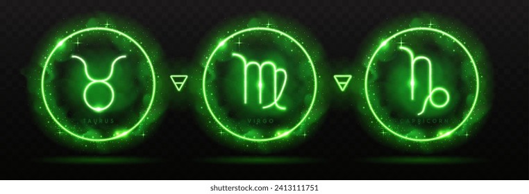 Set of modern magic witchcraft astrology neon earth zodiac signs in glowing spheres. Taurus, Virgo and Capricorn neon sign. Vector illustration