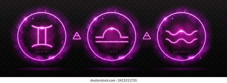 Conjunto de modernos signos zodiacos de brujería mágica astrología neón aire en esferas brillantes. Signo de neón Gemini, Libra y Aquarius. Ilustración del vector