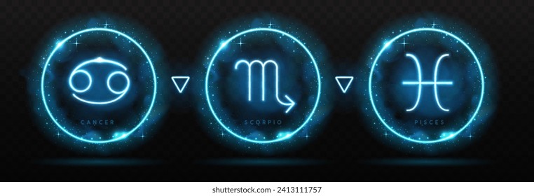 Set von modernen magischen Hexerei Astrologie neonenwasserzodiac Zeichen in leuchtenden Sphären. Krebs, Scorpio und Pisces Neon Schild. Vektorgrafik