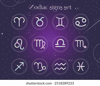 Set of modern magic witchcraft astrology holographic zodiac signs in glowing spheres. 