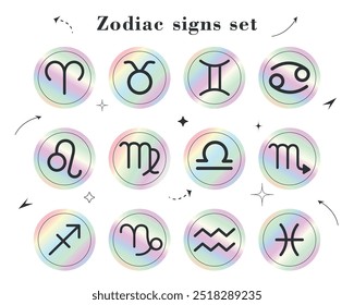 Set of modern magic witchcraft astrology holographic zodiac signs in glowing spheres. 