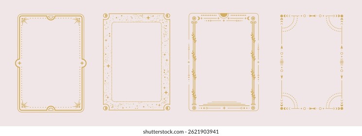 Conjunto de molduras de astrologia magia moderna bruxaria com estrelas, sol e lua em fundo branco. Ilustração vetorial oculta em arte de linha
