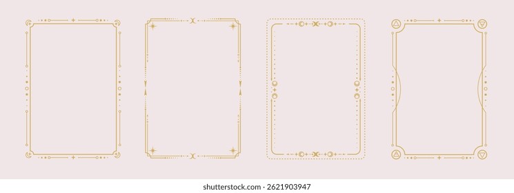 Set of modern magic witchcraft astrology frames with Four Elements, stars, sun and moon on white background. Line art occult vector illustration