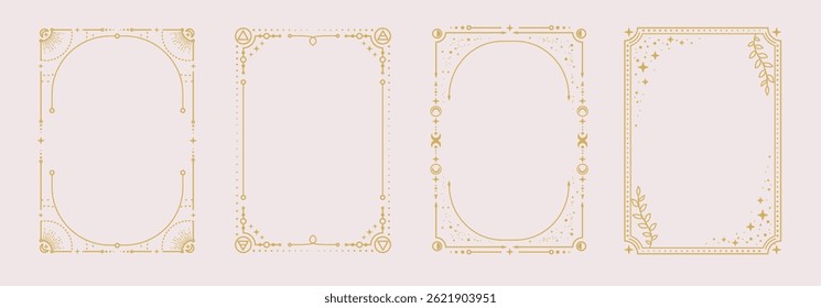 Set of modern magic witchcraft astrology frames with Four Elements, stars, sun and moon on white background. Line art occult vector illustration