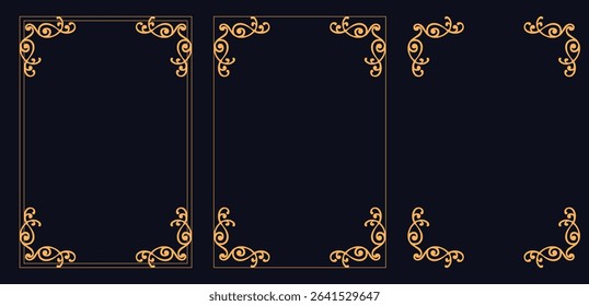 Set of modern magic witchcraft astrology frames with Four Elements, Corner frame, Black art deco frames. Decorative frame set. Vector vintage frames on gold