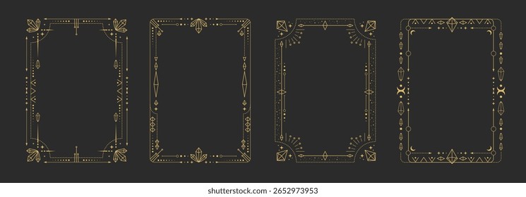Set of modern magic witchcraft astrology frames with crystals, diamonds, gemstones, stars, sun and moon on black background. Line art occult vector illustration