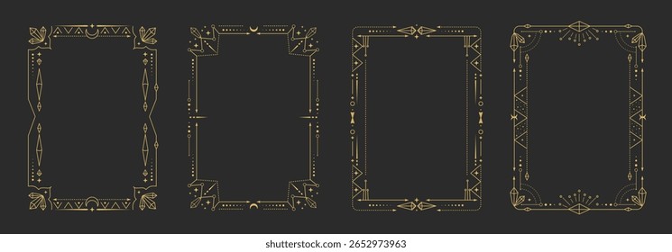 Set von modernen Zauberkunst Astrologie Rahmen mit Kristallen, Diamanten, Edelsteinen, Sternen, Sonne und Mond auf schwarzem Hintergrund. Linie Kunst okkulte Vektorgrafik