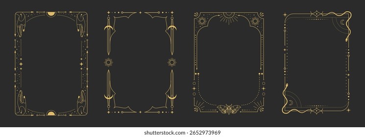 Conjunto de molduras de magia moderna da astrologia bruxaria com espadas, mãos, cobra, borboleta, estrelas, sol e lua no fundo preto. Ilustração vetorial oculta em arte de linha