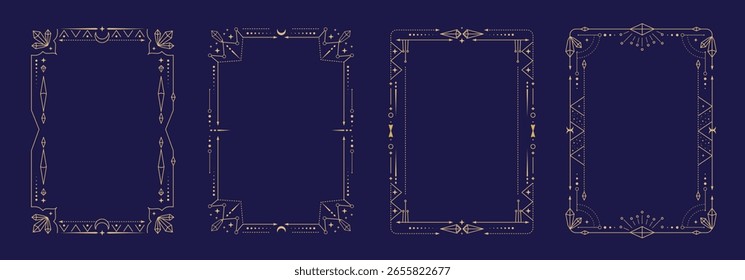 Set von modernen Zauberkunst Astrologie Rahmen mit Kristallen, Diamanten, Edelsteinen, Sternen, Sonne und Mond auf blauem Hintergrund. Linie Kunst okkulte Vektorgrafik