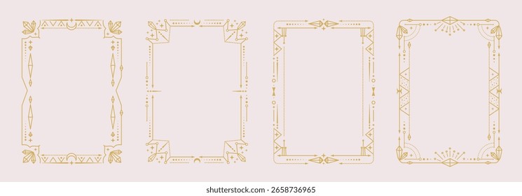 Conjunto de molduras de magia moderna astrologia bruxaria com cristais, diamantes, pedras preciosas, estrelas, sol e lua sobre fundo branco. Ilustração vetorial oculta em arte de linha
