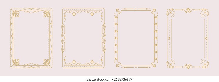Conjunto de marcos de astrología de brujería mágica moderna con cristales, diamantes, piedras preciosas, estrellas, sol y luna sobre fondo blanco. Ilustración vectorial oculta de arte de línea