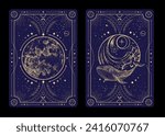 Set of Modern magic witchcraft cards with full moon and whale. Hand drawing occult vector illustration of whale, water and moon.