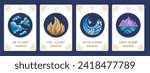 Set of Modern magic witchcraft cards with cartoon four elements. Hand drawing occult vector illustration of water, earth, fire, air elements.
