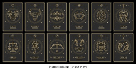 Set of Modern magic witchcraft cards with astrology zodiac signs in the night sky. Zodiac characteristic. Zodiac icons. Vector illustration