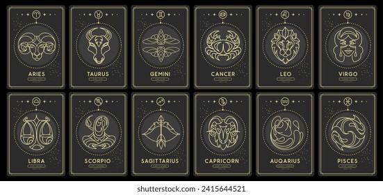 Set of Modern magic witchcraft cards with astrology zodiac signs in the night sky. Zodiac characteristic. Zodiac icons. Vector illustration