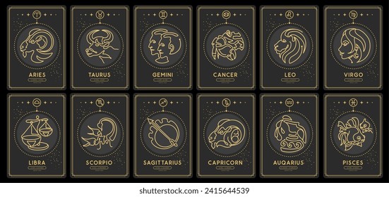 Set of Modern magic witchcraft cards with astrology zodiac signs in the night sky. Zodiac characteristic. Zodiac icons. Vector illustration