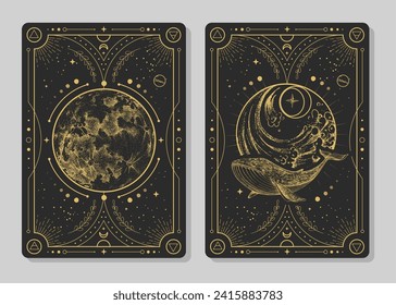 Set von modernen Hexenkarten mit Vollmond und Wal. Handzeichnung okkulte Vektorgrafik von Wal, Wasser und Mond.