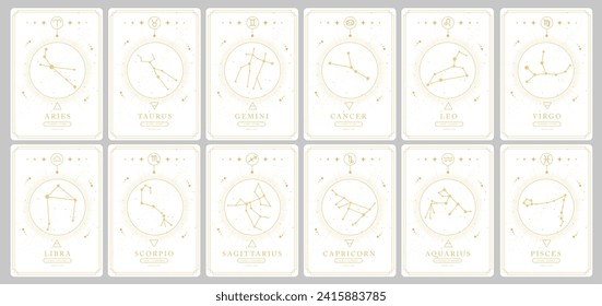 Set of Modern magic witchcraft cards with astrology zodiac constellations in the sky. Zodiac characteristic. Zodiac icons. Vector illustration