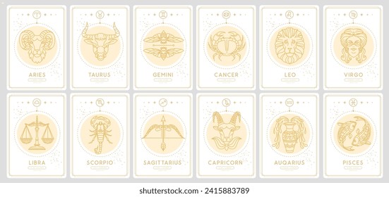 Set of Modern magic witchcraft cards with astrology zodiac signs. Zodiac characteristic. Vector illustration