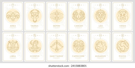 Set of Modern magic witchcraft cards with astrology zodiac signs. Zodiac characteristic. Vector illustration