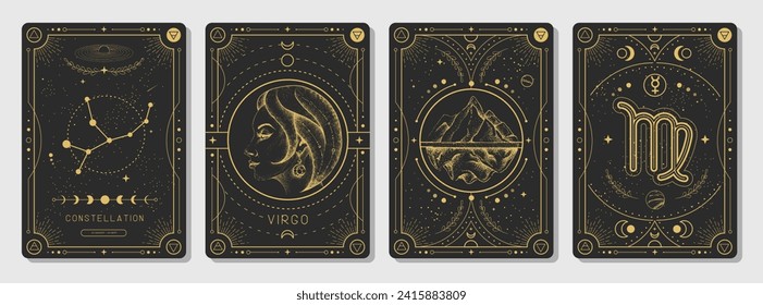 Set of Modern magic witchcraft cards with astrology Virgo zodiac sign characteristic. Vector illustration