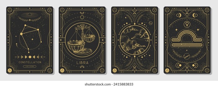 Set of Modern magic witchcraft cards with astrology Libra zodiac sign characteristic. Vector illustration