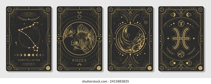 Set von modernen magischen Hexenkarten mit Astrologie Pisces zodiac Zeichen charakteristisch. Vektorgrafik