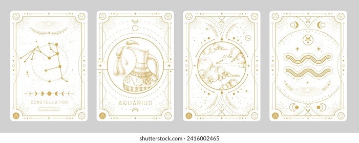 Set of Modern magic witchcraft cards with astrology Aquarius zodiac sign characteristic. Vector illustration