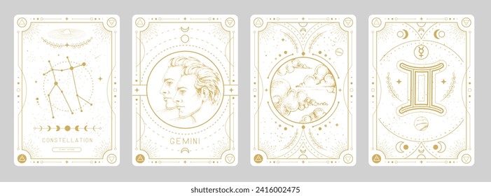 Set of Modern magic witchcraft cards with astrology Gemini zodiac sign characteristic. Vector illustration