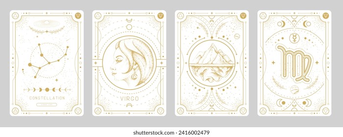 Set of Modern magic witchcraft cards with astrology Virgo zodiac sign characteristic. Vector illustration