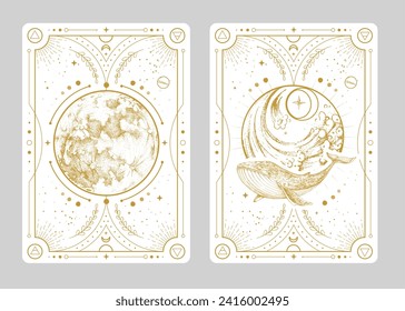 Set of Modern magic witchcraft cards with full moon and whale. Hand drawing occult vector illustration of whale, water and moon.