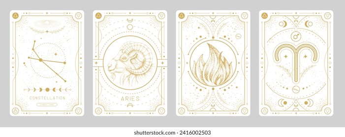 Set of Modern magic witchcraft cards with astrology Aries zodiac sign characteristic. Vector illustration