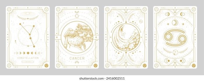 Set of Modern magic witchcraft cards with astrology Cancer zodiac sign characteristic. Vector illustration svg