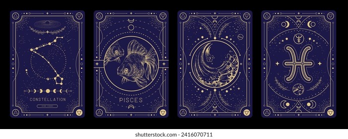 Set of Modern magic witchcraft cards with astrology Pisces zodiac sign characteristic. Vector illustration svg