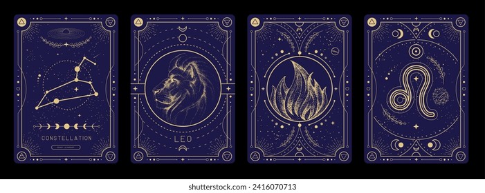 Set of Modern magic witchcraft cards with astrology Leo zodiac sign characteristic. Vector illustration