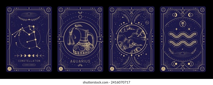 Conjunto de tarjetas de brujería mágica moderna con características de signo de Astrología Aquarius zodiac. Ilustración del vector